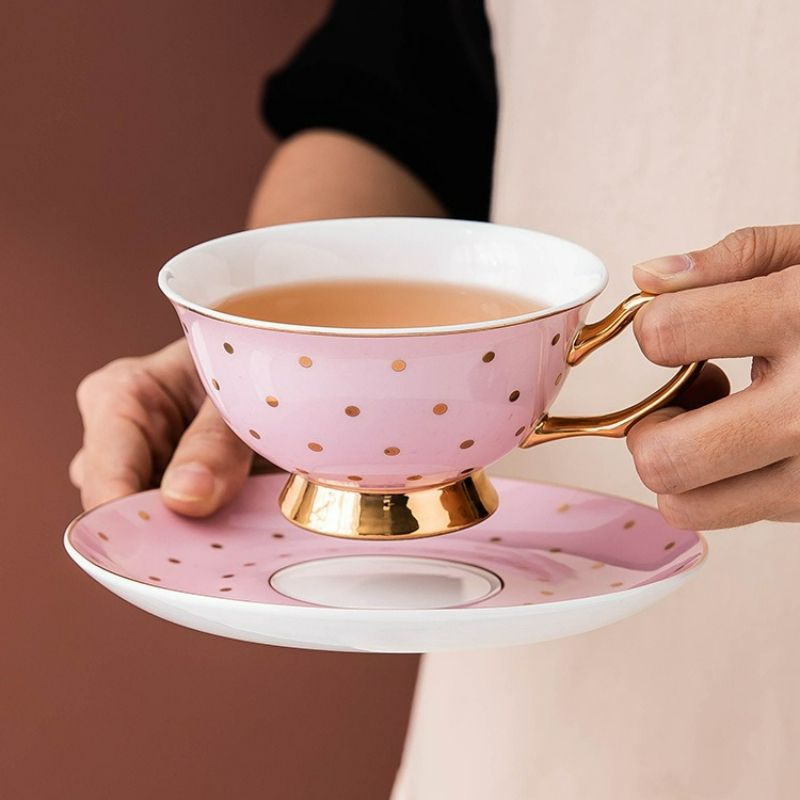 Tea Coffee Pot Set - Seramik Pembe Kahve Kupaları, Tabaklı Çay
